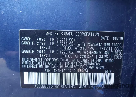 2020 Subaru Outback Premium z USA, uszkodzony, nr VIN 4S4BTACC2L3105374